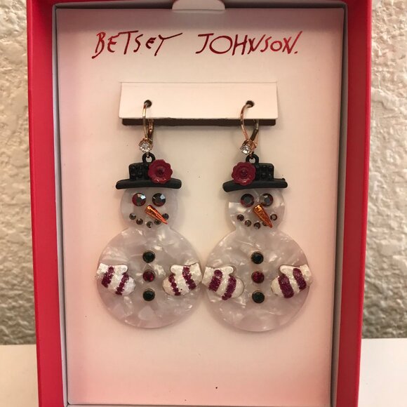 NWT Betsey Johnson Festive Snowman Hook Earrings with Black and Red Crystals - Picture 3 of 8